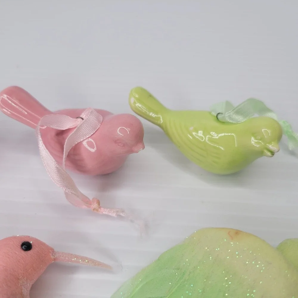 Set of 7 Pier 1 Spring Time Ornaments - Ceramic Birds & Birds w/ Feathers